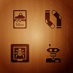 Sticker - Set Robot, Card game, Insects in frame and Socks on wooden background. Vector.