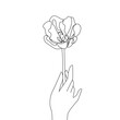 Hand with Flower Continuous One Line Drawing. Flower in Hand Abstract Line Illustration. Black White Modern Artwork. Minimalist Outline Design. Vector EPS 10