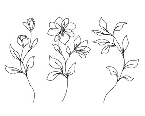 Wall Mural - Flowers and Leaves Vector One Line Drawing Set. Botanical Modern Single Line Art, Aesthetic Contour. Perfect for Home Decor, Wall Art Posters, T-shirt Print, Mobile Case. Continuous Line Drawing