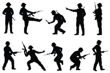 Wall Mural - Set of Vietcong soldier with rifle gun in Vietnam war silhouette vector, military man in the battle.