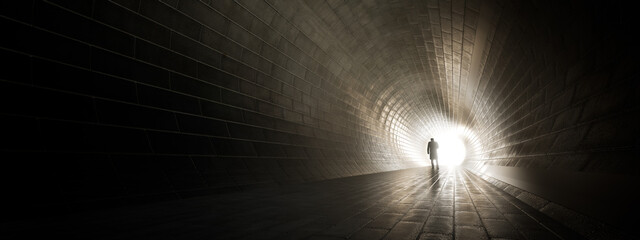 Wall Mural - Concept or conceptual dark tunnel with a bright light at the end or exit as metaphor to success, faith, future or hope, a black silhouette of walking man to new opportunity or freedom 3d illustration