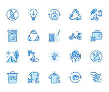 Zero Waste Lifestyle Flat Line Icons Set. Refuse, Reduce, Reuse, Recycle, Leaves Circle, Save Water, Planet, Eco Tourism Vector Illustration. Outline Signs Of Ecology. Blue Color, Editable Stroke
