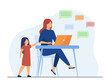 Lonely girl standing and mom chatting in social media. Laptop, child, parent flat vector illustration. Digital technology and communication concept for banner, website design or landing web page