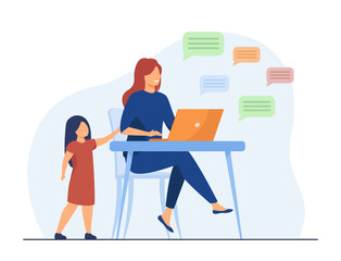 Wall Mural - lonely girl standing and mom chatting in social media. laptop, child, parent flat vector illustratio