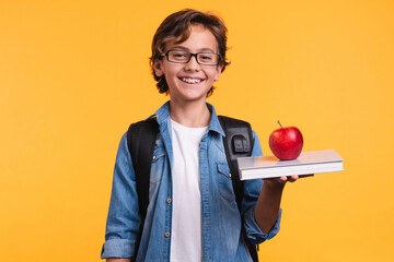 Smiling happy male child holding a book and an apple with backpack isolated over yellow background