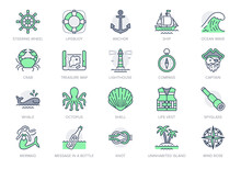 Marine Line Icons. Vector Illustration Included Icon As Anchor, Sea Wave, Message In A Bottle, Rope, Sailor, Lighthouse, Wheel, Pirate Outline Pictogram Of Ocean. 64x64 Green Color Editable Stroke