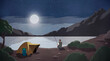 © fStop - Moonlight over man fishing at remote lakeside campsite