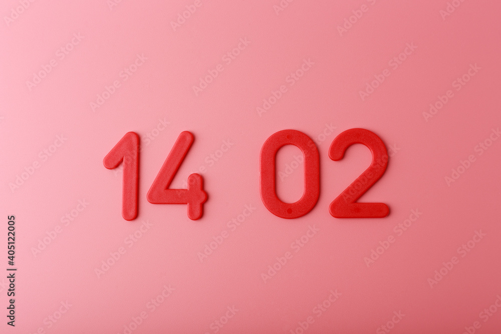 Obraz na płótnie Red numbers 14 02 on bright pink background. Concept of Happy Valentine's day  w salonie