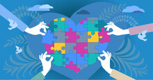 Abstract Vector Illustration. Human Hands Of Caring People, Stretching Out Puzzle Pieces To Join Them Into One Big Heart. The Concept Of Social Support, Charity, Volunteering.