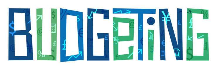 BUDGETING blue and green vector hand typography banner