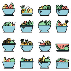 Wall Mural - Fruit salad icons set. Outline set of fruit salad vector icons thin line color flat on white