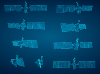 set of vector 3d communication and communication satellites on blue background