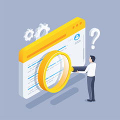isometric vector illustration isolated on gray background, man with big magnifier standing at the browser window, search engine