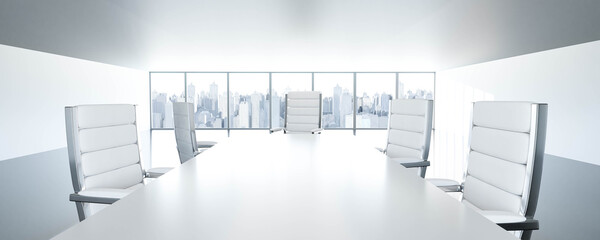 Wall Mural - empty table in bright loft office with chairs and city sky busniess district line panorama in window 3d render illustration