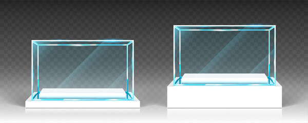 Wall Mural - glass showcases, display, exhibit stand, transparent boxes front view on white wood or plastic base.