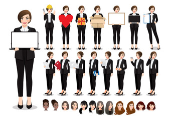 Wall Mural - Businesswoman cartoon character pose set. Beautiful business woman in office style black suit. Vector illustration