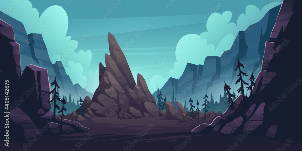 Mountain landscape with forest and lonely cliff. Vector cartoon illustration of canyon with rocks and pine trees. Nature scene with mountain ridge, woods and rock in gorge - obrazy, fototapety, plakaty 