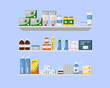 Shelves with medicines. Interior of pharmacy or drugstore. Medications - pills, capsules bottles vitamins and antibiotic. Healthcare. Vector illustration in flat style.