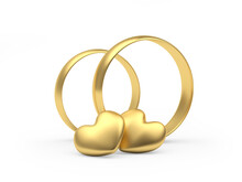 Two Gold Wedding Rings With Hearts Isolated On White Background. 3D Illustration