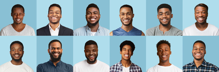 Wall Mural - Collage of happy black men smiling on blue backgrounds