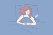 Suffering from sleep disorder and insomnia concept. Young tired sad sleepless girl lying in bed with smartphone and suffering from insomnia trying to fall asleep vector illustration 