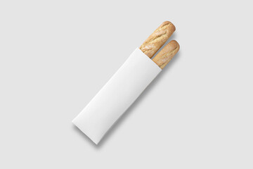 Fresh Baguette in a white Paper Bag Mockup on white background. Mockup. 3D rendering.