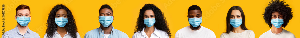 Collage of diverse young people in protective medical masks over yellow background - obrazy, fototapety, plakaty 