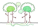 Fototapeta  - Cartoon smiling and Communicating Tree-Men with big Green brains