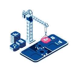 Wall Mural - mobile app creation concept, mobile phone with isometric icons on screen and construction crane, vec