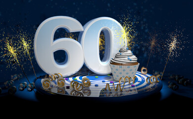 60th birthday or anniversary cupcake with big white number with yellow streamers on blue table with dark background full of sparks. 3d illustration