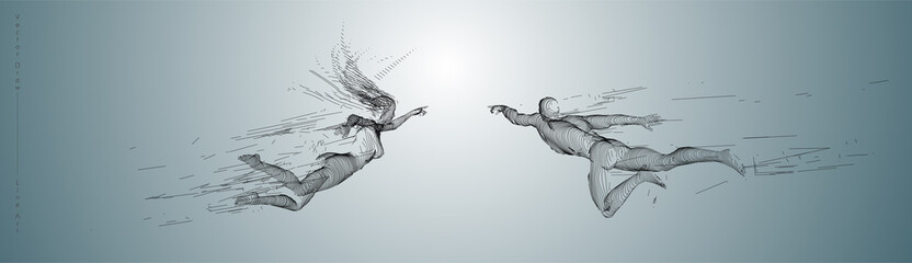 Wall Mural - Sport concept of a flying people. Vector drawn by graphic lines