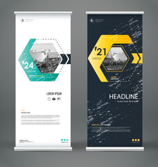 Wall Mural - Abstract composition. White roll up brochure cover design. Info banner frame. Text font. Title sheet model set. Modern vector front page. City view brand flag. Hexagon figures icon. Ad flyer fiber