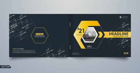 Wall Mural - Abstract patch brochure cover design. Black info data banner frame. Techno title sheet model set. Modern vector front page art. Urban city blurb texture. Yellow citation figure icon. Ad flyer text