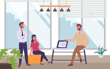 People talking and working in office. Staff discusses business data on a computer at meeting. Men in business suits spend time at work and communicate with a businesswoman. Colleagues in the office