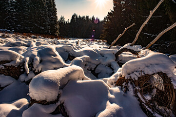 Canvas Print - frozen river, covered with snow and sunset