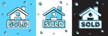 Set Hanging Sign With Text Sold Icon Isolated On Blue And White, Black Background. Sold Sticker. Sold Signboard. Vector.