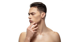Thoughtful. Portrait Of Young Man Isolated On White Studio Background. Caucasian Attractive Male Model. Concept Of Fashion And Beauty, Self-care, Body And Skin Care. Handsome Boy With Well-kept Skin.