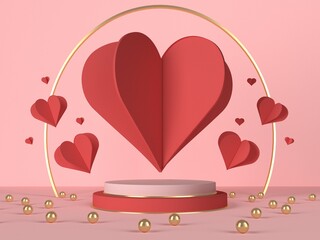 3d podium with red hearts and decoration. Valentine's day card. 3d rendering