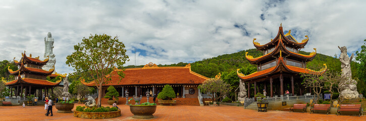 Wall Mural - Wide angle view of Ho Quoc pagoda (Vietnamese name is Truc Lam Thien Vien) with big statue of guanyin bodhisattva on mount, Phu Quoc island, Vietnam