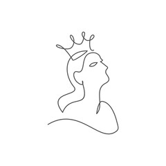 Queen one line Illustration, Beautiful girl in the crown, continuous line drawing, tattoo, print shirt and logo design, silhouette single line on a white background, isolated vector 