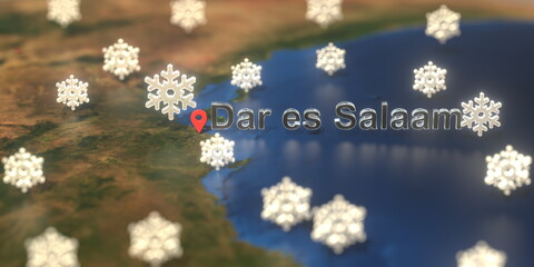 Wall Mural - Dar es salaam city and snowy weather icon on the map, weather forecast related 3D rendering