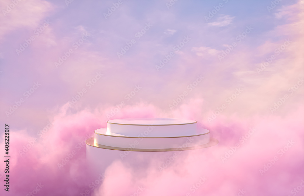 Natural beauty podium backdrop for product display with dreamy sky background. Romantic 3d scene. - obrazy, fototapety, plakaty 