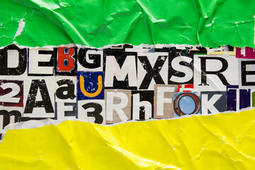 Sticker - Torn and crumpled green and yellow paper poster on bright colorful collage of magazine paper pieces and clippings with letters and numbers background.