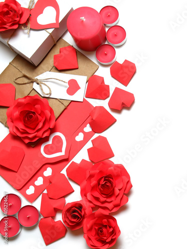 Love, Valentine's, women's day, relations, romantic template from gifts tied with twine with bows and labels, love letters, pink candles, 3D paper hearts and roses on white background isolated 