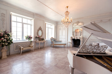 Luxurious light interior of the living room in the baroque style as in a royal castle with old stylish vintage furniture, columns, stucco on the walls