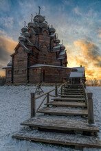 Restored Orthodox Wooden Twenty-five-headed Church Of The Intercession Of The Blessed Virgin Pokrovskaya At Sunny Winter Day. St.Petersburg Suburb, Russia.