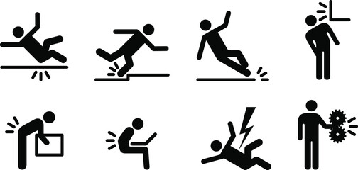 People icons: a variety of common accidents. Fall, trip, slip, hit head, back strain, back ache, electric shock, machinery.