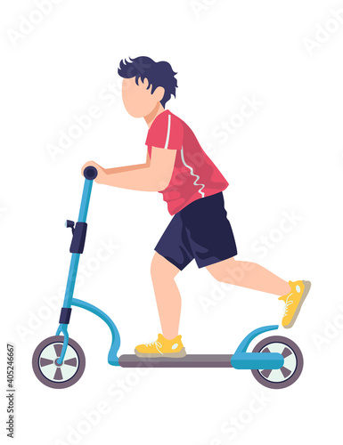 Little cheerful boy ride scooter, children kid funny spend time means transpo...