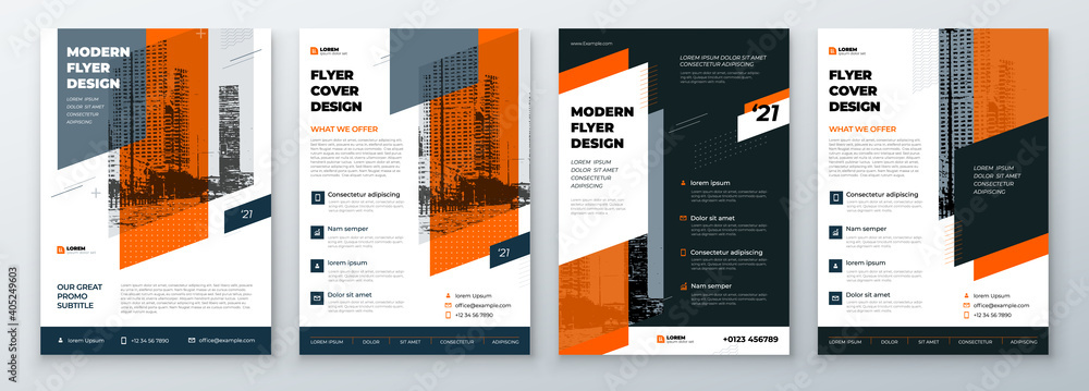 Flyer Design Set. Modern Flyer Background with Orange Accents. Template Layout for Flyer. Concept with Dynamic Circle Shapes. Vector Background. - obrazy, fototapety, plakaty 