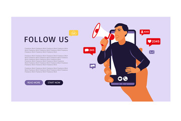 Hands holding smartphone with a man shouting in loud speaker. Influencer marketing, social media or network promotion. Landing page. Vector illustration. Flat.